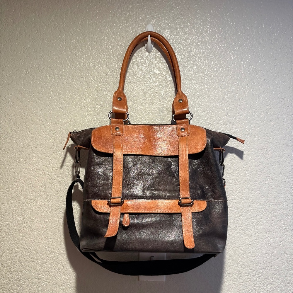 Bed Stu Big Fork genuine leather tote bag in a brown and black two-tone colorway